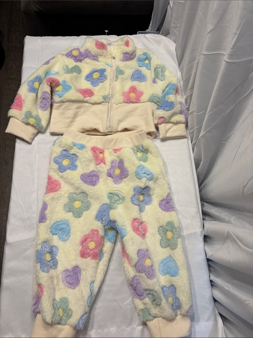 Cozy Cream Floral Teddy Zip Jacket & Pants Set